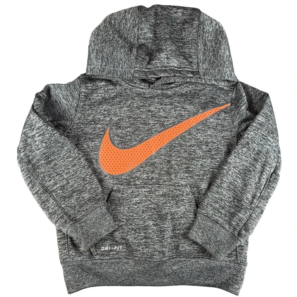 Nike Hoodie Toddler 3T Gray Dri-FIT Fleece Pullover Orange Swoosh Logo Front